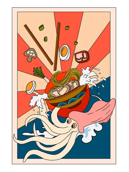 Geleneksel Japon eriştesi ve duvar kağıdı üzerine restoran baskısı için el sallama. Karalama sanatları için Ramen vektör çizimi. Arkaplanı boyamak için çubuk vektörü ile gün doğumu. Deniz ürünleri ve erişte çorbası sanatı..