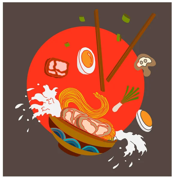 Geleneksel Japon eriştesi ve duvar kağıdı üzerine restoran baskısı için el sallama. Karalama sanatları için Ramen vektör çizimi. Arkaplanı boyamak için çubuk vektörü ile gün doğumu. Deniz ürünleri ve erişte çorbası sanatı..