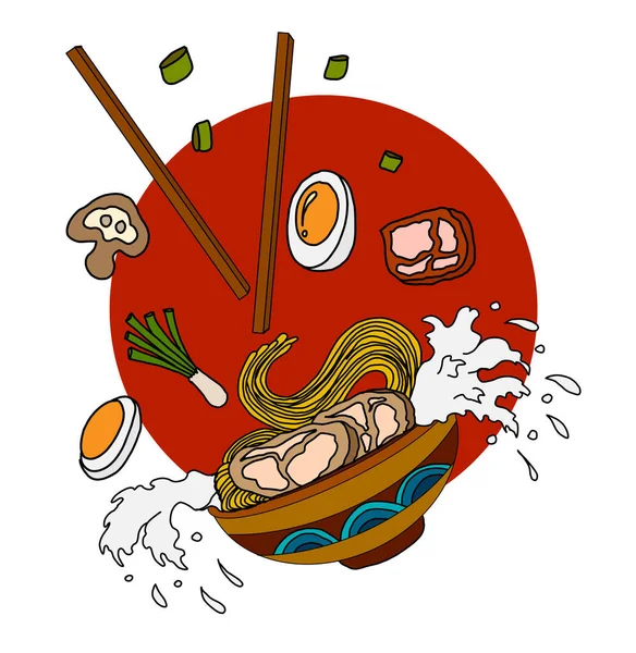 Geleneksel Japon eriştesi ve duvar kağıdı üzerine restoran baskısı için el sallama. Karalama sanatları için Ramen vektör çizimi. Arkaplanı boyamak için çubuk vektörü ile gün doğumu. Deniz ürünleri ve erişte çorbası sanatı..