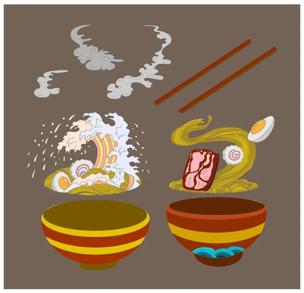Geleneksel Japon eriştesi ve duvar kağıdı üzerine restoran baskısı için el sallama. Karalama sanatları için Ramen vektör çizimi..