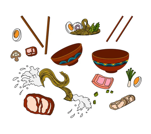 Geleneksel Japon eriştesi ve duvar kağıdı üzerine restoran baskısı için el sallama. Karalama sanatları için Ramen vektör çizimi..