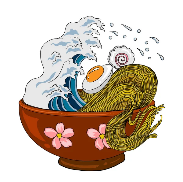 Geleneksel Japon eriştesi ve duvar kağıdı üzerine restoran baskısı için el sallama. Karalama sanatları için Ramen vektör çizimi..