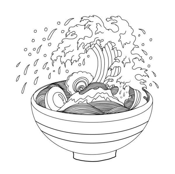 Geleneksel Japon eriştesi ve duvar kağıdı üzerine restoran baskısı için el sallama. Karalama sanatları için Ramen vektör çizimi..