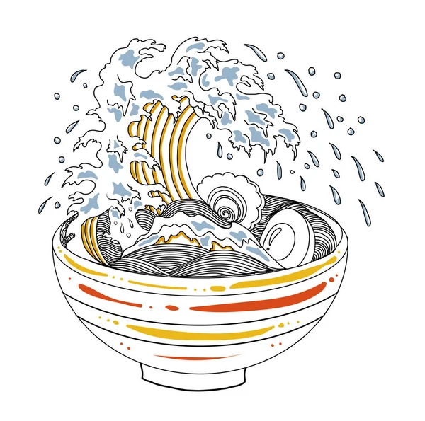 Geleneksel Japon eriştesi ve duvar kağıdı üzerine restoran baskısı için el sallama. Karalama sanatları için Ramen vektör çizimi..