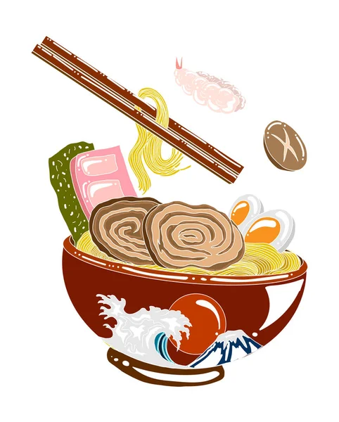 Geleneksel Japon eriştesi ve duvar kağıdı üzerine restoran baskısı için el sallama. Karalama sanatları için Ramen vektör çizimi..