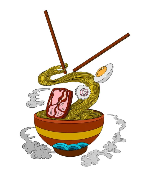 Geleneksel Japon eriştesi ve duvar kağıdı üzerine restoran baskısı için el sallama. Karalama sanatları için Ramen vektör çizimi..