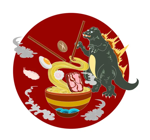 Japanese Kaiju monster for printing on T-shirt.ramen and wave for restaurant printing on wallpaper.Ramen vector illustration for doodle art.Sunrise with chopsticks vector for painting on background.