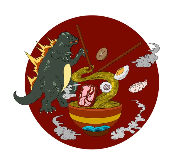 Японский Монстр Kaiju Печати Футболке Волна Ресторанной Печати Обоях Рамень — стоковый вектор