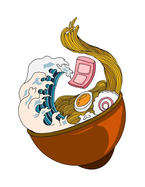 Geleneksel Japon eriştesi ve duvar kağıdı üzerine restoran baskısı için el sallama. Karalama sanatları için Ramen vektör çizimi..