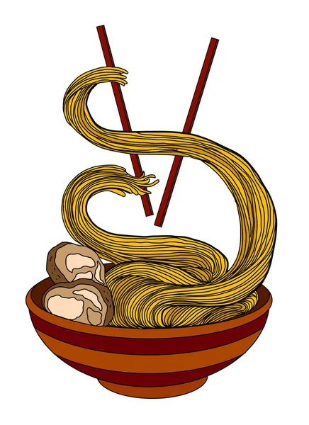 Geleneksel Japon eriştesi ve duvar kağıdı üzerine restoran baskısı için el sallama. Karalama sanatları için Ramen vektör çizimi..