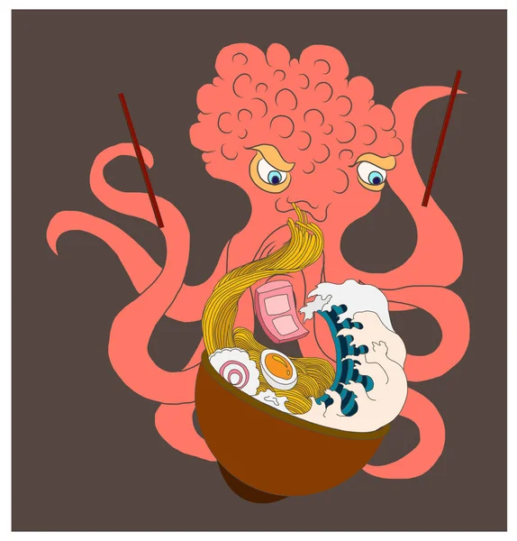 Traditional Japanese ramen and wave for restaurant printing on wallpaper.Ramen vector illustration for doodle art.Asian food.Squid cartoon vector for printing on shirt.