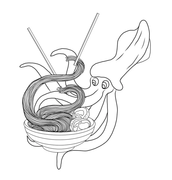 Traditional Japanese ramen and wave for restaurant printing on wallpaper.Ramen vector illustration for doodle art.Asian food.Squid cartoon vector for printing on shirt.