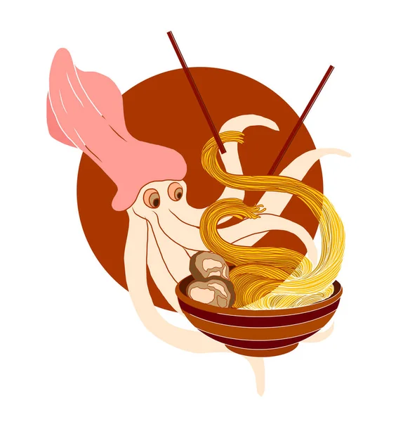 Traditional Japanese ramen and wave for restaurant printing on wallpaper.Ramen vector illustration for doodle art.Asian food.Squid cartoon vector for printing on shirt.