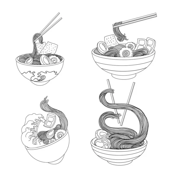 Geleneksel Japon eriştesi ve duvar kağıdı üzerine restoran baskısı için el sallama. Karalama sanatları için Ramen vektör çizimi..