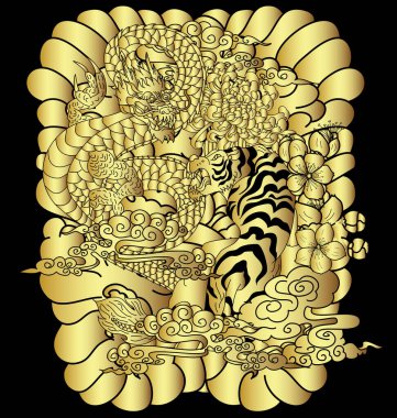 Japanese Dragon with tiger and cherry blossom on cloud and rising sun tattoo.Tiger and Dragon fighting vector.Japanese Dragon and tiger tattoo.