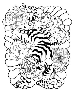Tiger with peach blossom and cloud tattoo.Japanese tattoo with water splash and black cloud.Traditional Japanese tiger tattoo.Tiger Sticker tattoo design,Cartoon tiger on black background.Vector