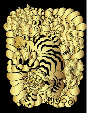 Tiger with peach blossom and cloud tattoo.Japanese tattoo with water splash and black cloud.Traditional Japanese tiger tattoo.Tiger Sticker tattoo design,Cartoon tiger on black background.Vector