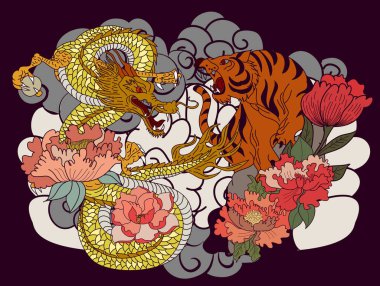 Japanese Dragon with tiger and cherry blossom on cloud and rising sun tattoo.Tiger and Dragon fighting vector.Japanese Dragon and tiger tattoo.