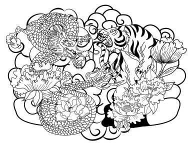Japanese Dragon with tiger and cherry blossom on cloud and rising sun tattoo.Tiger and Dragon fighting vector.Japanese Dragon and tiger tattoo.