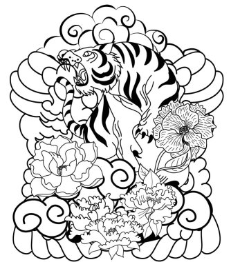 Tiger with peach blossom and cloud tattoo.Japanese tattoo with water splash and black cloud.Traditional Japanese tiger tattoo.Tiger Sticker tattoo design,Cartoon tiger on black background.Vector