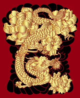 Elle çizilmiş ejderha dövmesi, boyama kitabı Japon stili. Dövme için eski Japon ejderhası. Tişört için arka planda Çin ejderhası çiziminin sembolü. Geleneksel Asya dövmesi Eski ejderha vektörü.