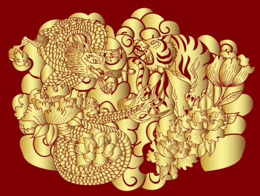 Japanese Dragon with tiger and cherry blossom on cloud and rising sun tattoo.Tiger and Dragon fighting vector.Japanese Dragon and tiger tattoo.