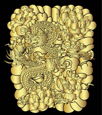 Elle çizilmiş ejderha dövmesi, boyama kitabı Japon stili. Dövme için eski Japon ejderhası. Tişört için arka planda Çin ejderhası çiziminin sembolü. Geleneksel Asya dövmesi Eski ejderha vektörü.