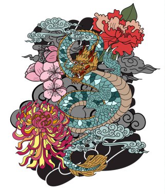 Elle çizilmiş ejderha dövmesi, boyama kitabı Japon stili. Dövme için eski Japon ejderhası. Tişört için arka planda Çin ejderhası çiziminin sembolü. Geleneksel Asya dövmesi Eski ejderha vektörü.