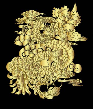 Elle çizilmiş ejderha dövmesi, boyama kitabı Japon stili. Dövme için eski Japon ejderhası. Tişört için arka planda Çin ejderhası çiziminin sembolü. Geleneksel Asya dövmesi Eski ejderha vektörü.