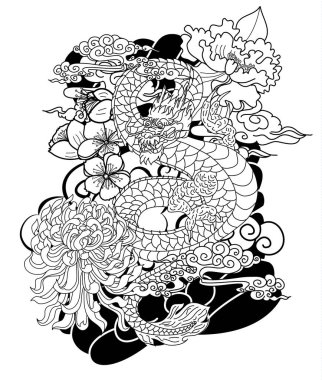 Elle çizilmiş ejderha dövmesi, boyama kitabı Japon stili. Dövme için eski Japon ejderhası. Tişört için arka planda Çin ejderhası çiziminin sembolü. Geleneksel Asya dövmesi Eski ejderha vektörü.