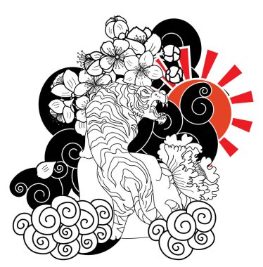 Geleneksel Japon kaplan dövmesi. Tiger Sticker dövme tasarımı, siyah arka plan karikatür kaplan. Vektör