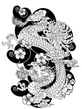 Asian dragon tattoo.colorful Japanese Dragon for tattoo with Hibiscus flower Lotus and cherry blossom.