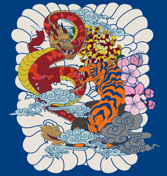 Japanese Dragon Tiger Cherry Blossom Cloud Rising Sun Tattoo Tiger — Vetor de Stock