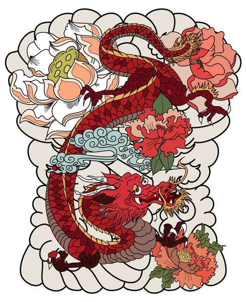 Mão Desenhada Dragão Tatuagem Livro Colorir Estilo Japonês Dragão Velho — Vetor de Stock