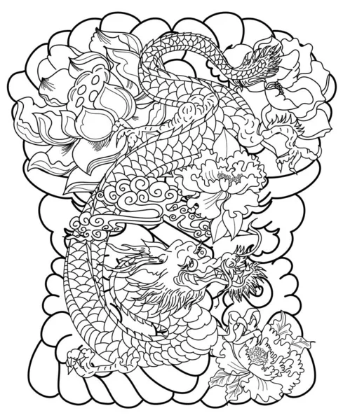 Ручная Татуировка Дракона Японском Стиле Японский Старый Дракон Татуировки Символ — стоковый вектор