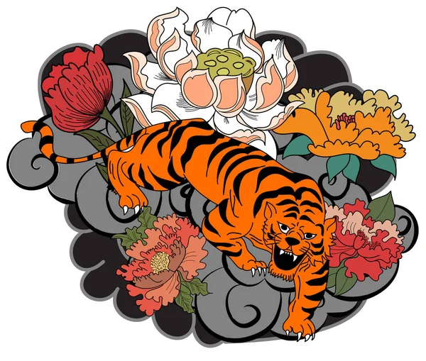Hagyományos Japán Tigris Tetoválás Tiger Sticker Tetoválás Design Cartoon Tiger — Stock Vector