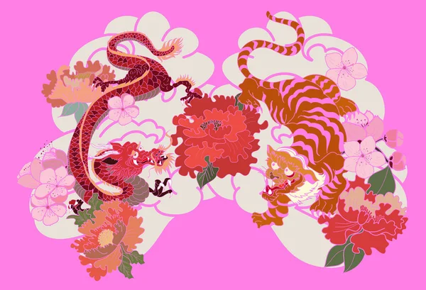 Japanese Dragon Tiger Cherry Blossom Cloud Rising Sun Tattoo Tiger — Wektor stockowy