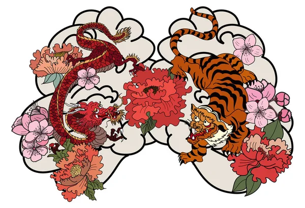 Japanese Dragon Tiger Cherry Blossom Cloud Rising Sun Tattoo Tiger — Image vectorielle