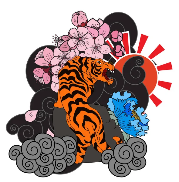 Traditioneller Japanischer Tiger Tattoo Tiger Aufkleber Tattoodesign Cartoon Tiger Auf — Stockvektor