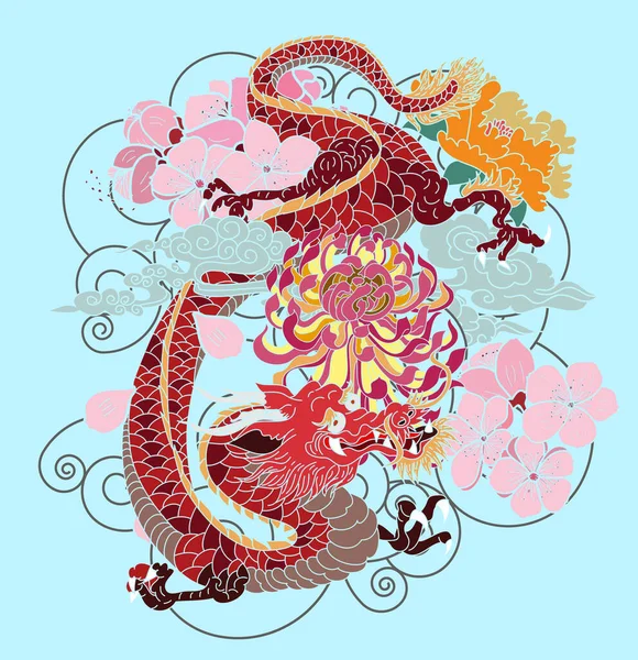 Asian Dragon Tattoo Colorful Japanese Dragon Tattoo Hibiscus Flower Lotus — Vetor de Stock