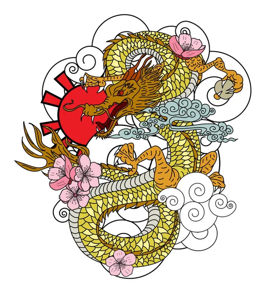 Asian Dragon Tattoo Colorful Japanese Dragon Tattoo Hibiscus Flower Lotus — Vector de stoc