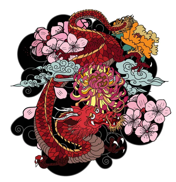 Asian Dragon Tattoo Colorful Japanese Dragon Tattoo Hibiscus Flower Lotus — Stock Vector
