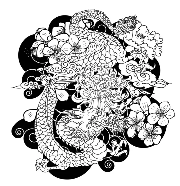 Азиатский Дракон Татуировки Цветной Японский Дракон Татуировку Цветком Гибискуса Лотос — стоковый вектор