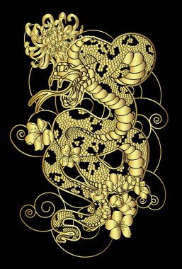 Golden snake cobra tattoo.Hand drawn snake with cherry blossom and cloud vector 