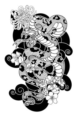 Golden snake cobra tattoo.Hand drawn snake with cherry blossom and cloud vector 
