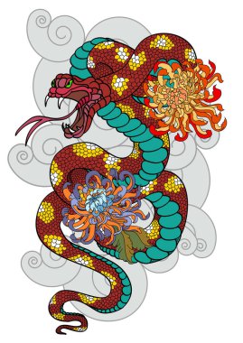 Golden snake cobra tattoo.Hand drawn snake with cherry blossom and cloud vector 