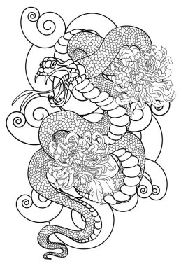 Golden snake cobra tattoo.Hand drawn snake with cherry blossom and cloud vector 