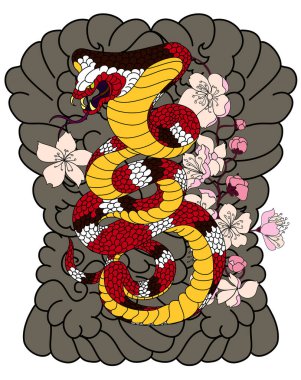 Golden snake cobra tattoo.Hand drawn snake with cherry blossom and cloud vector 