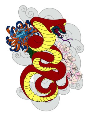 Golden snake cobra tattoo.Hand drawn snake with cherry blossom and cloud vector 