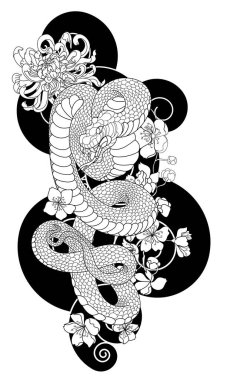 Golden snake cobra tattoo.Hand drawn snake with cherry blossom and cloud vector 